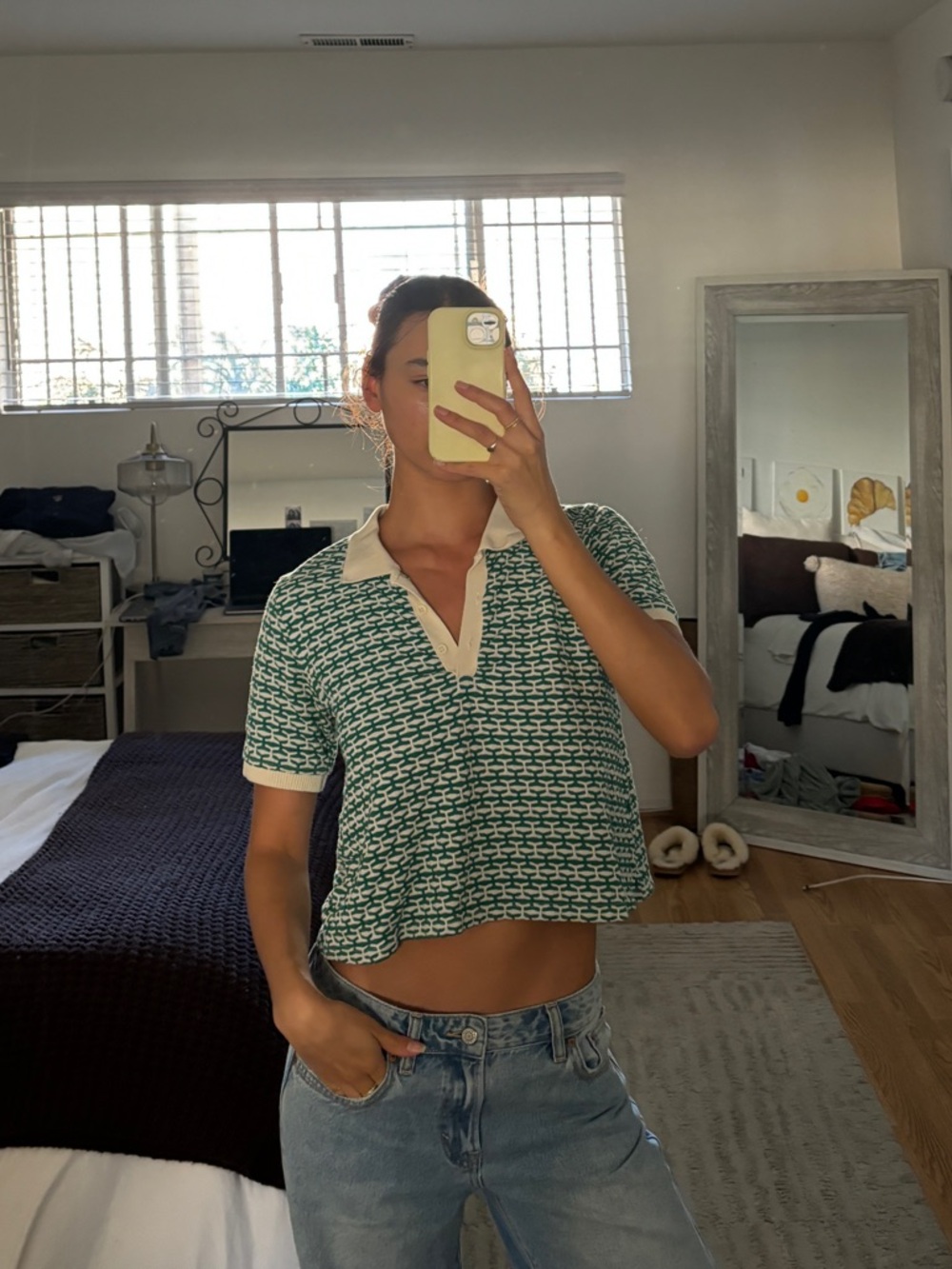 Zara Green and White Patterned Woven Polo